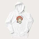 White hoodie with a graphic of a cute mushroom character holding a flower and the text 'You're a real fun-gal!'.