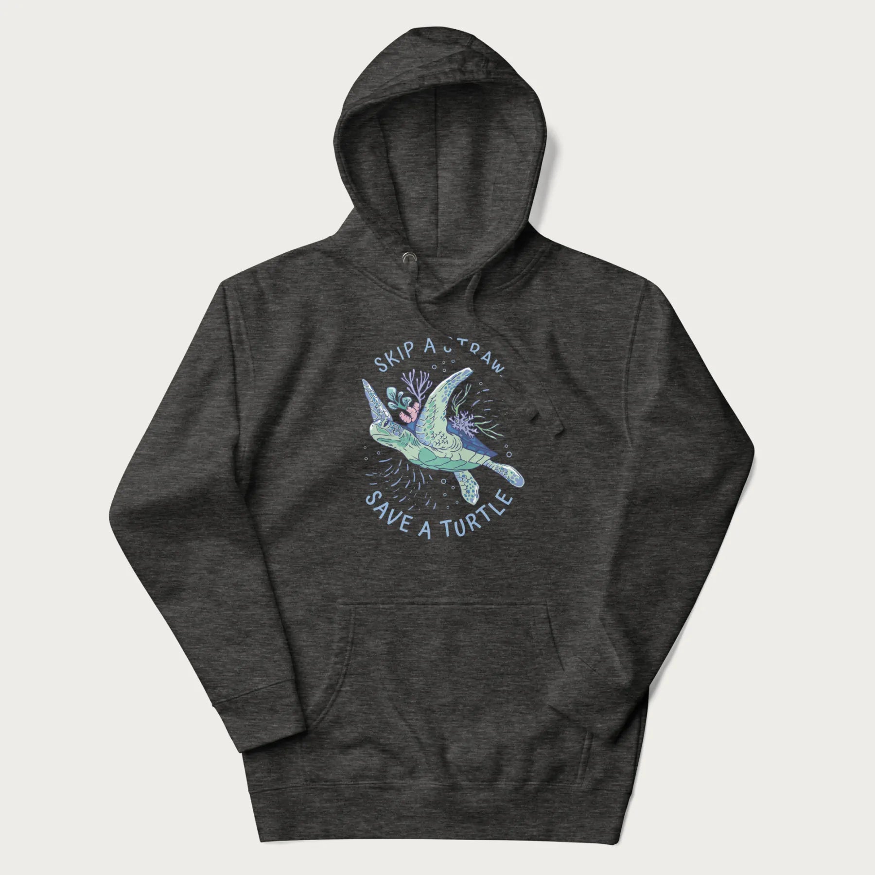 Dark grey hoodie with a graphic of a sea turtle with coral on it's shell and the text 'Skip a Straw, Save a Turtle'.