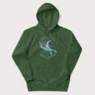 Forest green hoodie with a graphic of a sea turtle with coral on it's shell and the text 'Skip a Straw, Save a Turtle'.