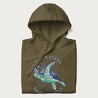 Folded military green hoodie with a graphic of a sea turtle with coral on it's shell and the text 'Skip a Straw, Save a Turtle'.