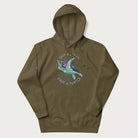 Military green hoodie with a graphic of a sea turtle with coral on it's shell and the text 'Skip a Straw, Save a Turtle'.