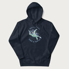 Navy blue hoodie with a graphic of a sea turtle with coral on it's shell and the text 'Skip a Straw, Save a Turtle'.