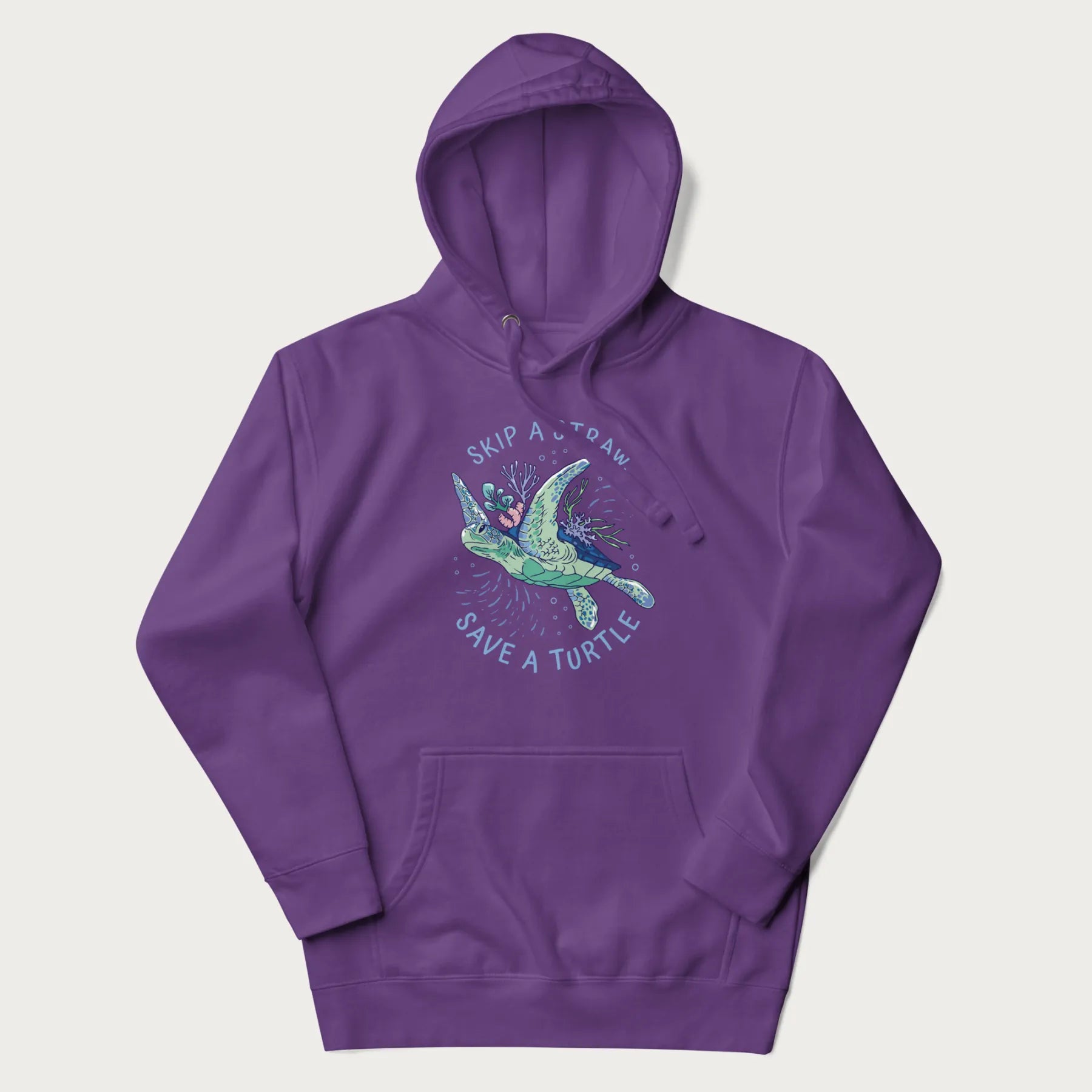 Purple hoodie with a graphic of a sea turtle with coral on it's shell and the text 'Skip a Straw, Save a Turtle'.