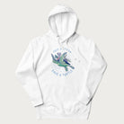 White hoodie with a graphic of a sea turtle with coral on it's shell and the text 'Skip a Straw, Save a Turtle'.