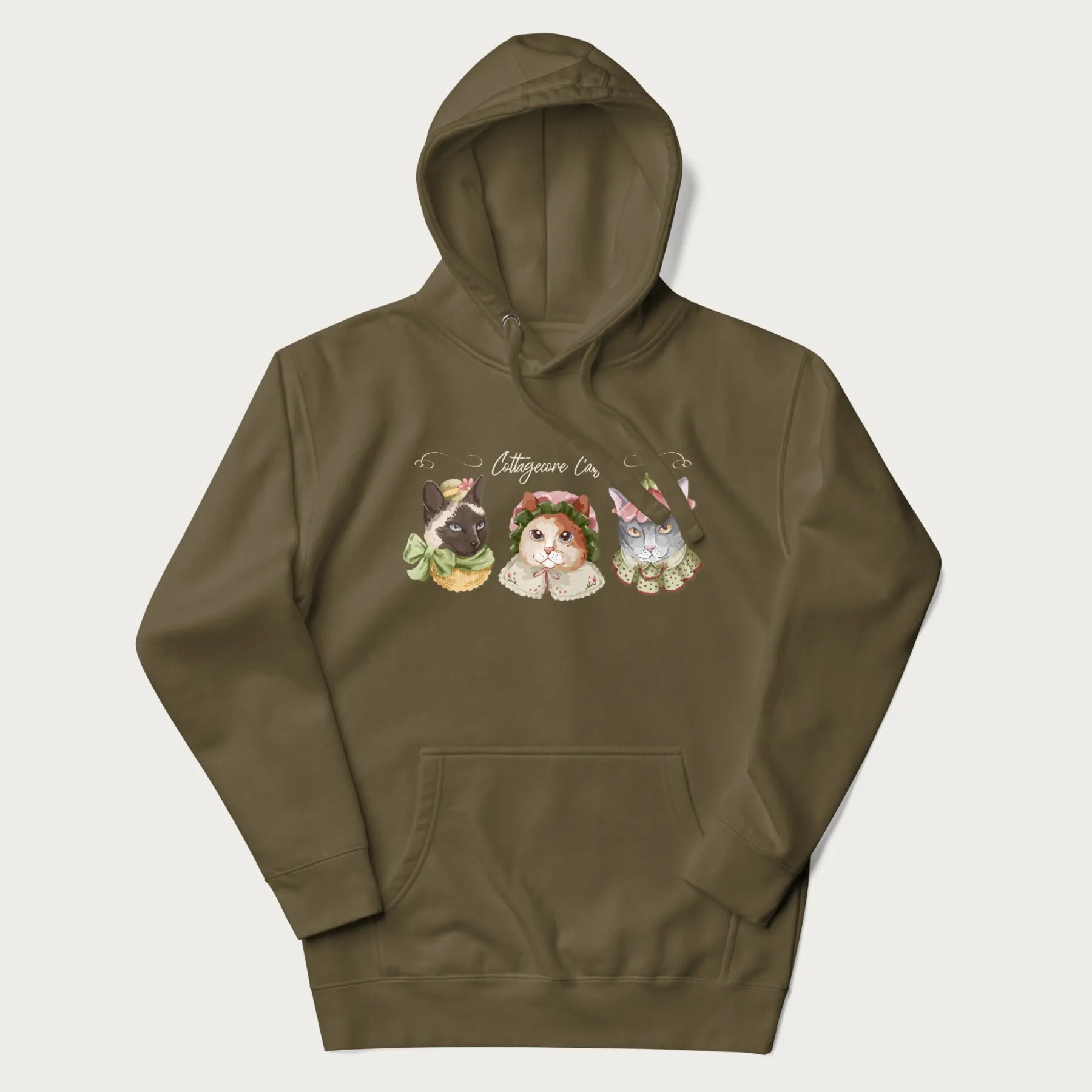 Military green hoodie with a graphic of three cats in vintage-inspired attire and the text 'Cottagecore Cats'.