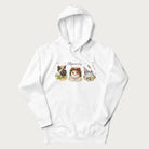 White hoodie with a graphic of three cats in vintage-inspired attire and the text 'Cottagecore Cats'.