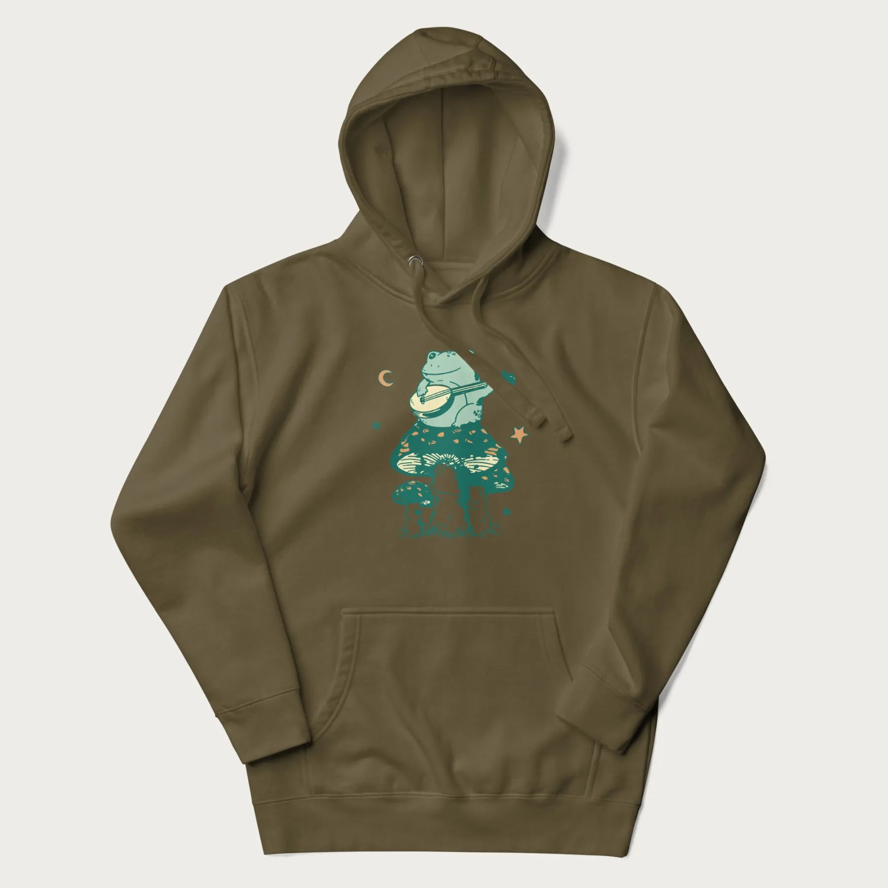 Military green hoodie with graphic of a frog playing a banjo on a mushroom with stars and a crescent moon.