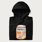 Cartoon cats in a pill bottle labeled 'Happy Pills' on a folded black hoodie.