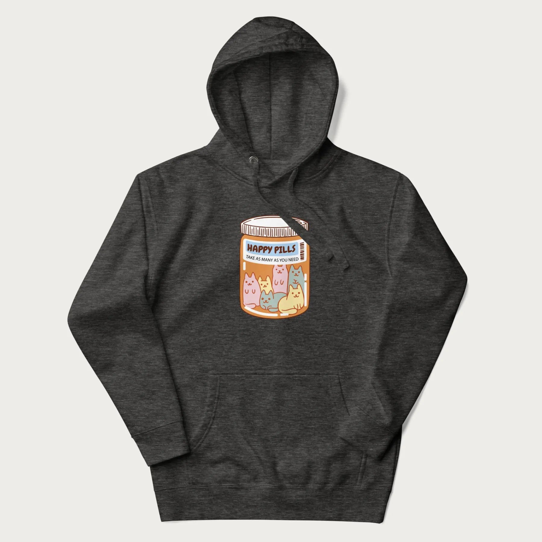 Cartoon cats in a pill bottle labeled 'Happy Pills' on a dark grey hoodie.