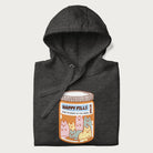 Cartoon cats in a pill bottle labeled 'Happy Pills' on a folded dark grey hoodie.