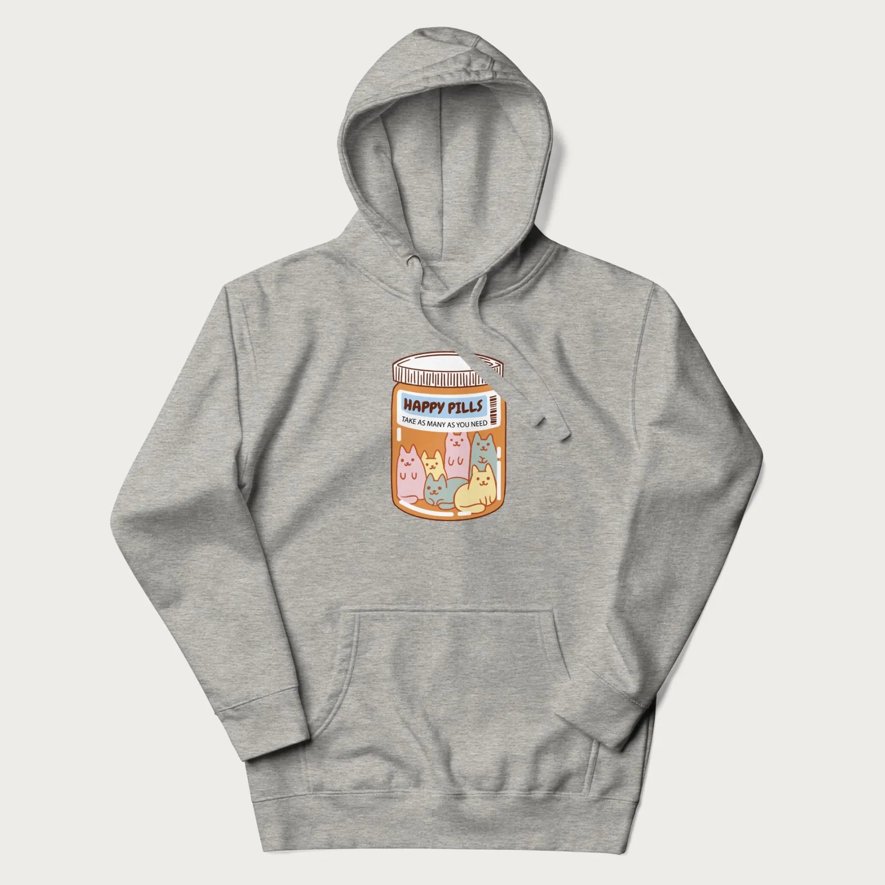 Cartoon cats in a pill bottle labeled 'Happy Pills' on a light grey hoodie.