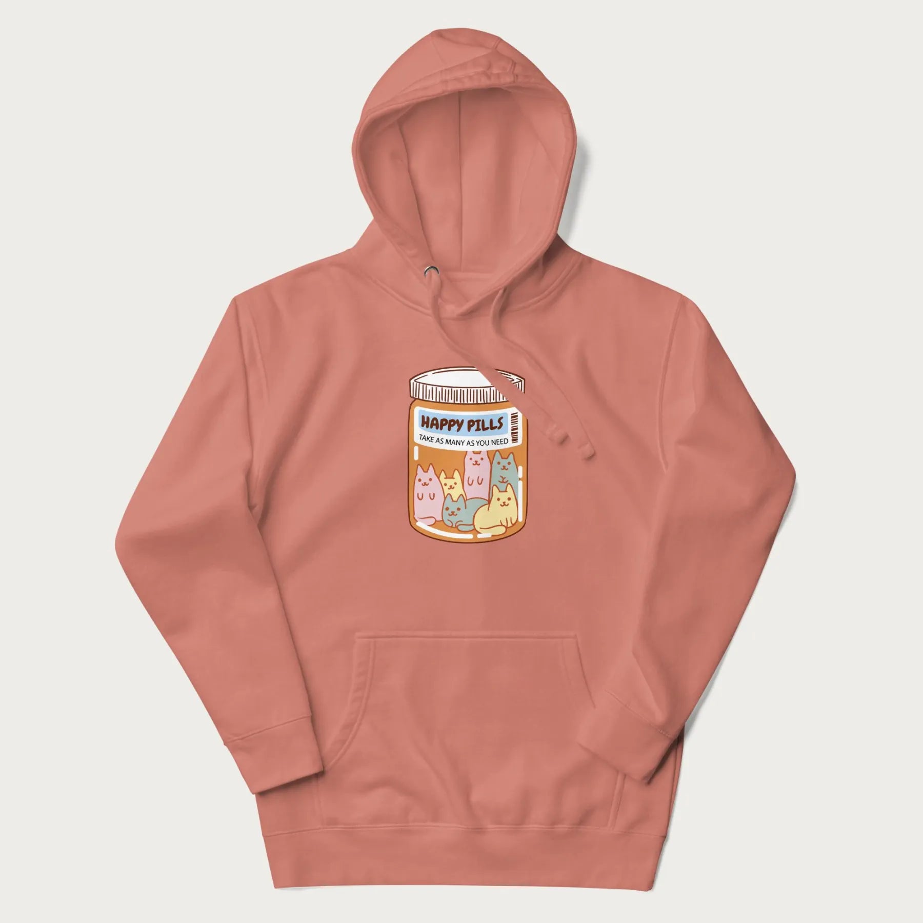 Cartoon cats in a pill bottle labeled 'Happy Pills' on a light pink hoodie.