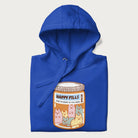 Cartoon cats in a pill bottle labeled 'Happy Pills' on a folded royal blue hoodie.