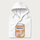 Cartoon cats in a pill bottle labeled 'Happy Pills' on a folded white hoodie.
