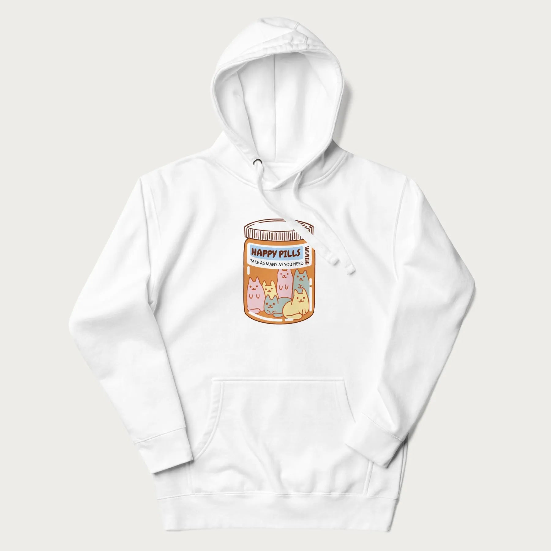 Cartoon cats in a pill bottle labeled 'Happy Pills' on a white hoodie.