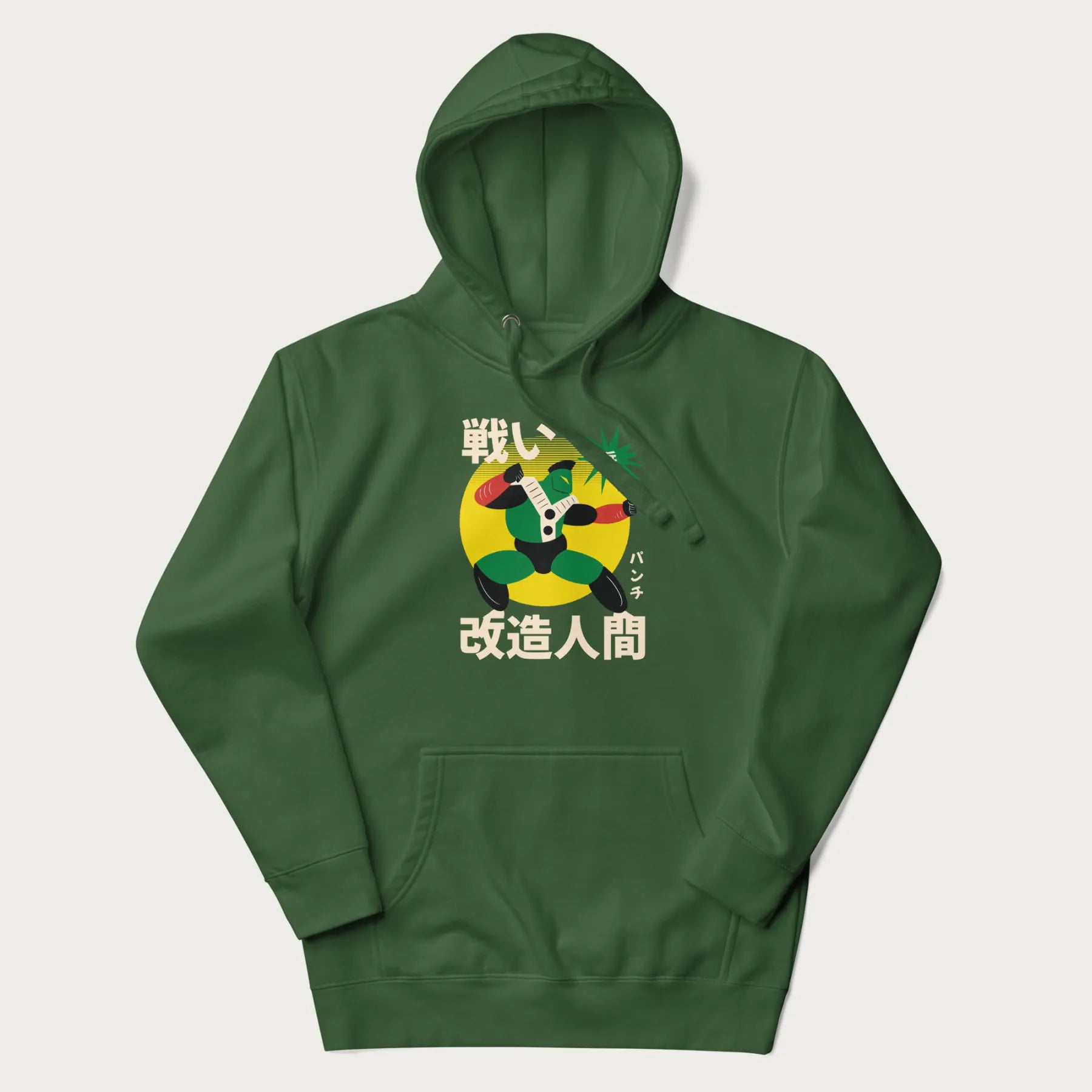 Forest green hoodie with Japanese text and retro graphic of a cyborg.