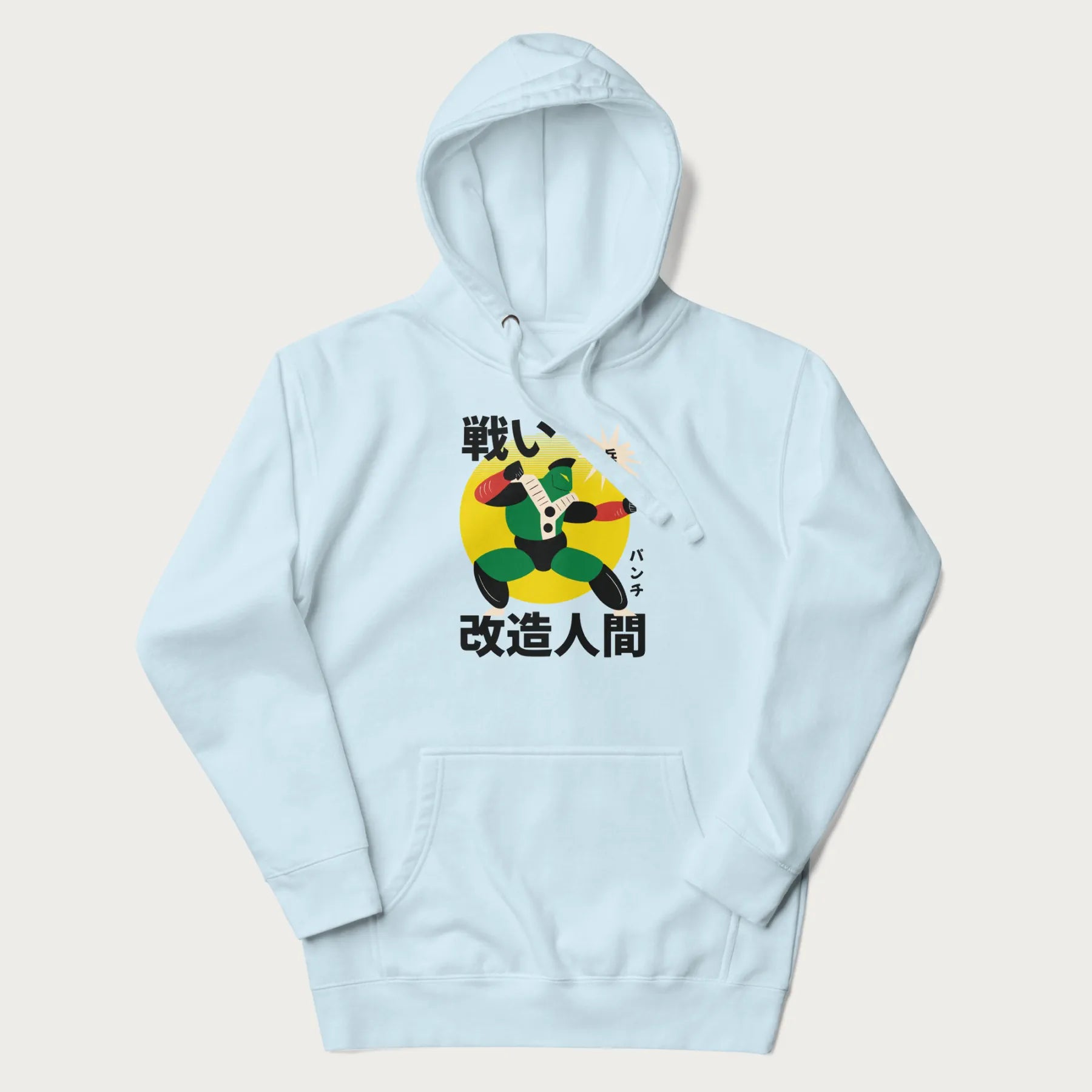 Light blue hoodie with Japanese text and retro graphic of a cyborg.