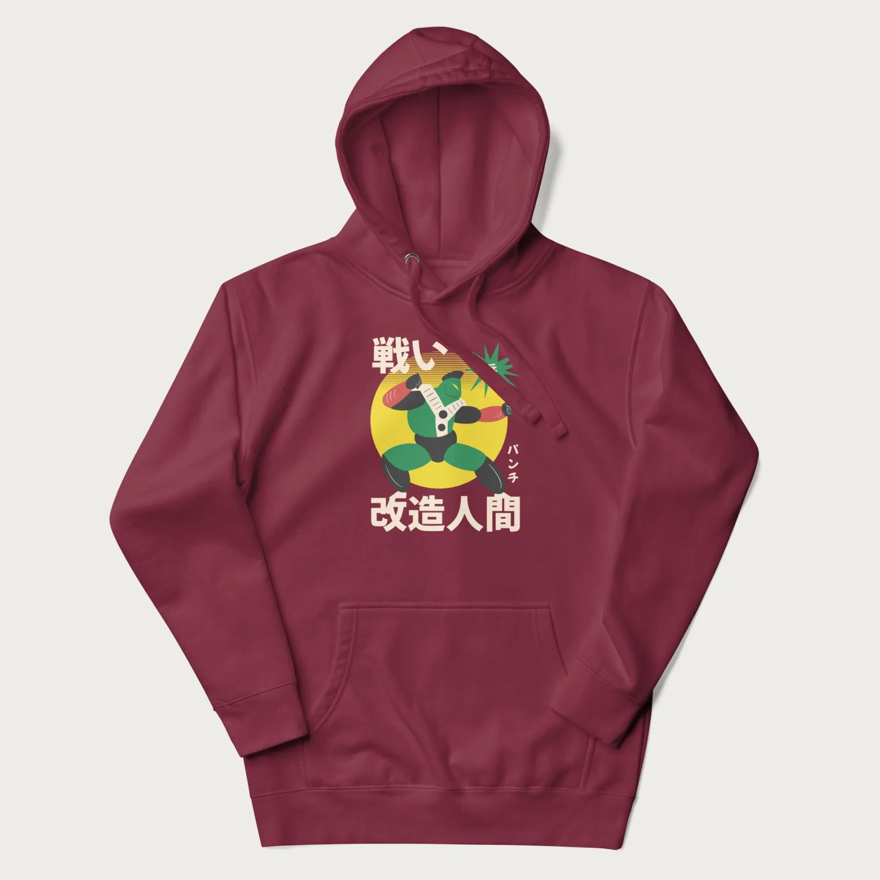 Maroon hoodie with Japanese text and retro graphic of a cyborg.