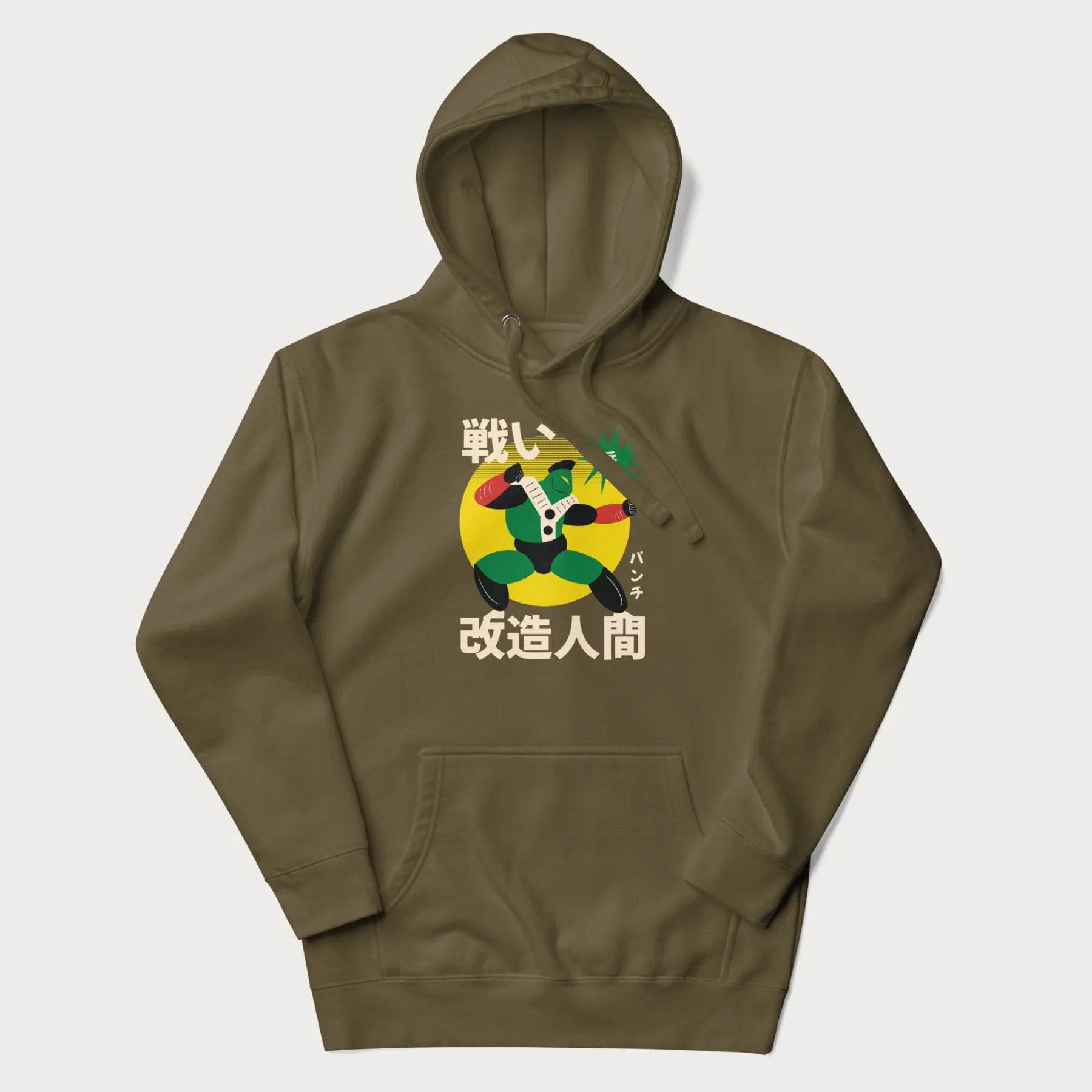 Military green hoodie with Japanese text and retro graphic of a cyborg.