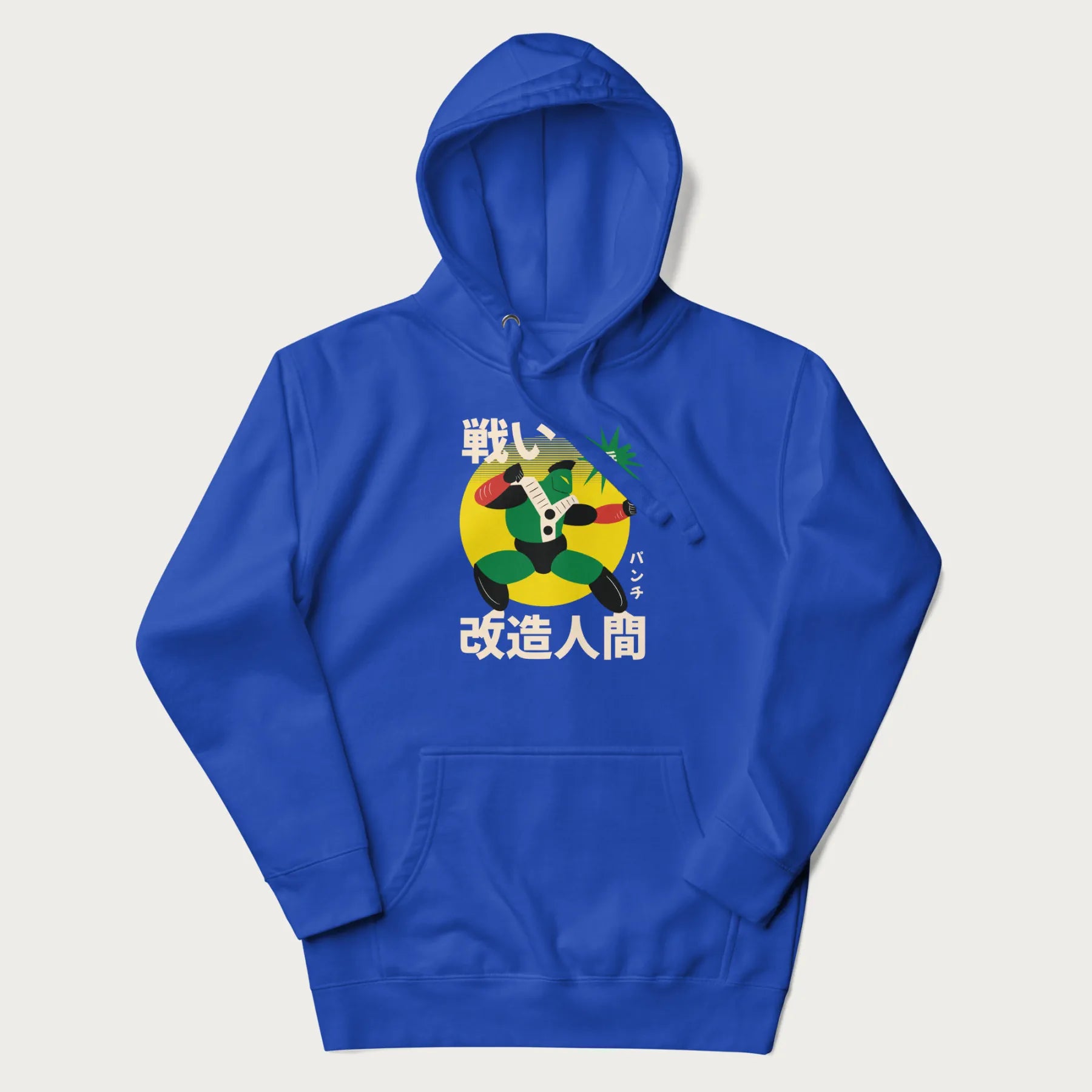 Royal blue hoodie with Japanese text and retro graphic of a cyborg.