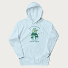 Light blue hoodie with a graphic of a frog playing a banjo on a mushroom under the moon and stars, with the text 'Don't Worry, Everything's Gonna Be Just Fine.'