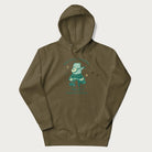 Military green hoodie with a graphic of a frog playing a banjo on a mushroom under the moon and stars, with the text 'Don't Worry, Everything's Gonna Be Just Fine.'