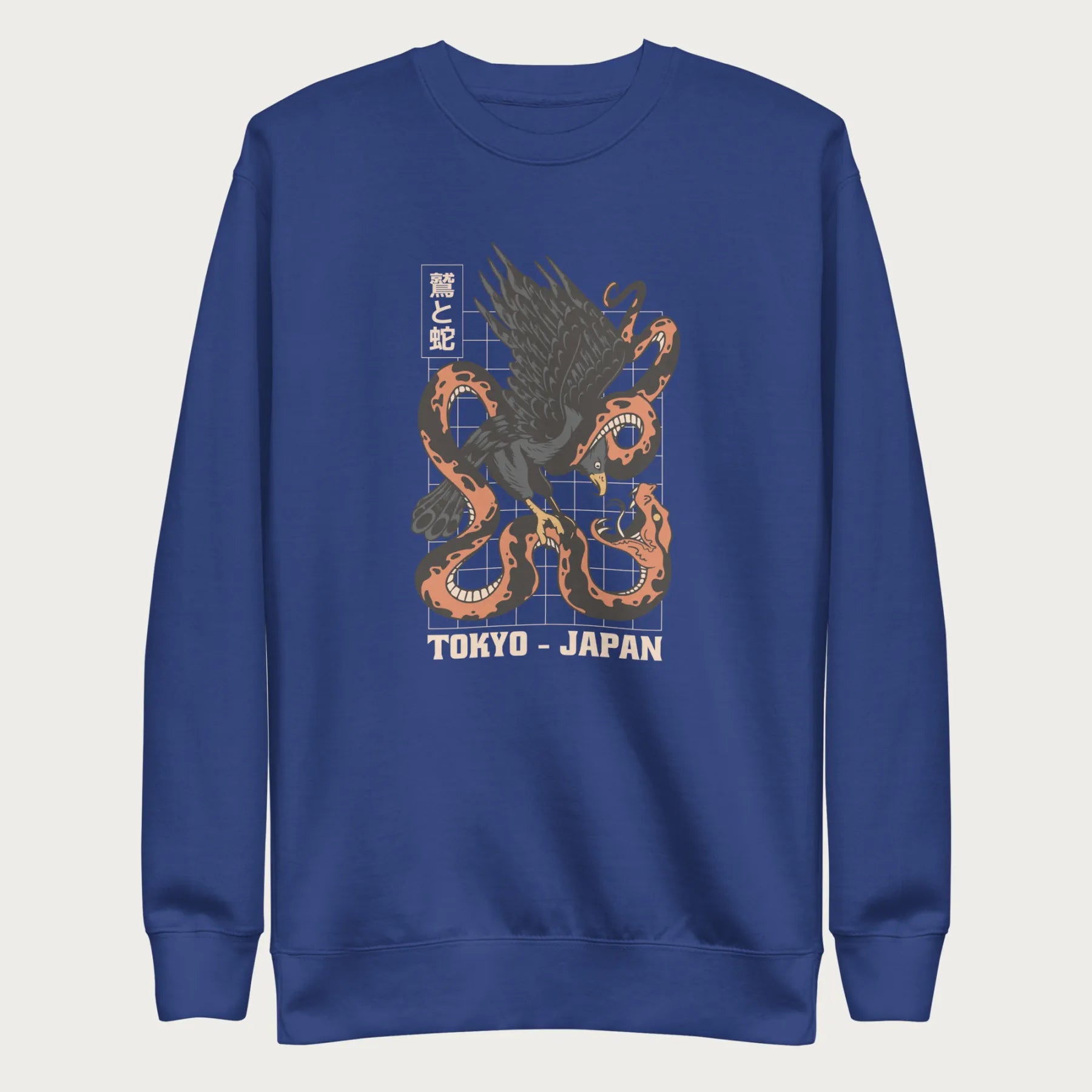 Royal blue sweatshirt with Japanese text and a graphic of an eagle and a snake in combat.