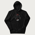 Black hoodie with a graphic of a cat raising its middle fingers, with the phrase "F*ck You, I'm a Cat" in red text.