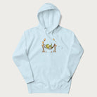 Light blue hoodie with a graphic of a frog lounging in a hammock between tall mushrooms.