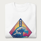 Folded white sweatshirt with a graphic of the Japanese Great Wave, a retro sun, and Japanese text.