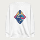 White sweatshirt with a graphic of the Japanese Great Wave, a retro sun, and Japanese text.