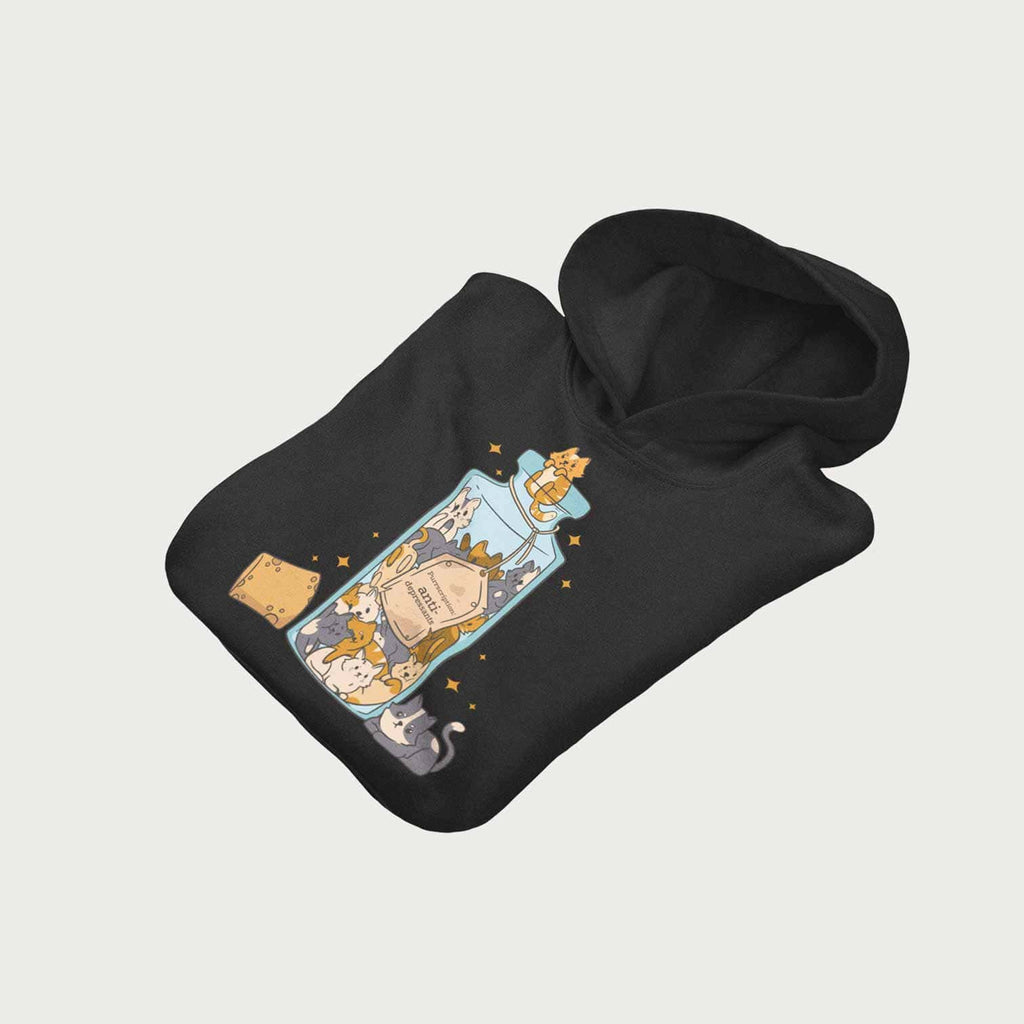 Neatly folded black hoodie with graphic of cats climbing out of a jar.