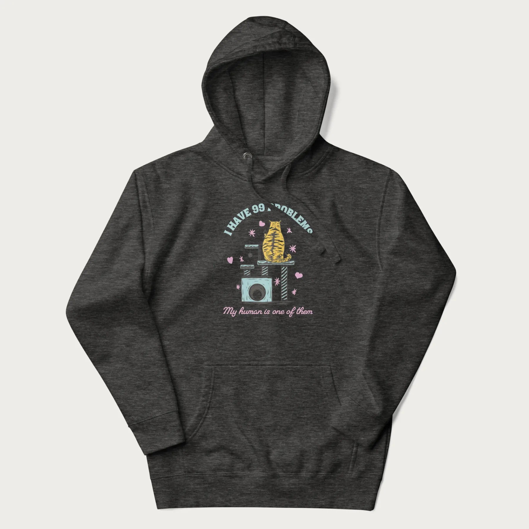 Dark grey hoodie with graphic of a cat on a scratching post and text 'i have 99 problems, my human is one of them'.