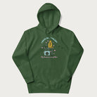 Forest green hoodie with graphic of a cat on a scratching post and text 'i have 99 problems, my human is one of them'.