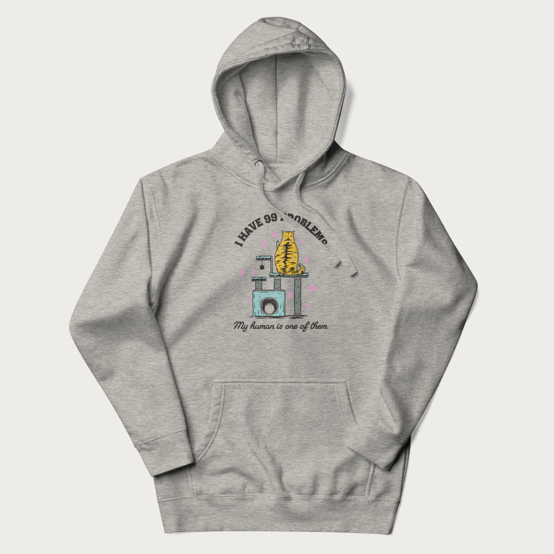 Light grey hoodie with graphic of a cat on a scratching post and text 'i have 99 problems, my human is one of them'.