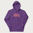 Graphic on a purple hoodie saying 'I Just Wanna Be a Cat Mom' with pink lettering and paw prints.