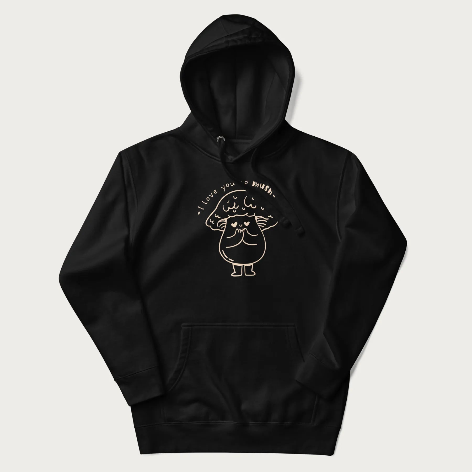 Folded black hoodie with graphic of a cute mushroom with heart-shaped eyes and the text "I Love You So Mush."