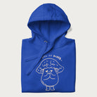 Folded royal blue hoodie with graphic of a cute mushroom with heart-shaped eyes and the text "I Love You So Mush."