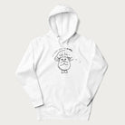 White hoodie with graphic of a cute mushroom with heart-shaped eyes and the text "I Love You So Mush."