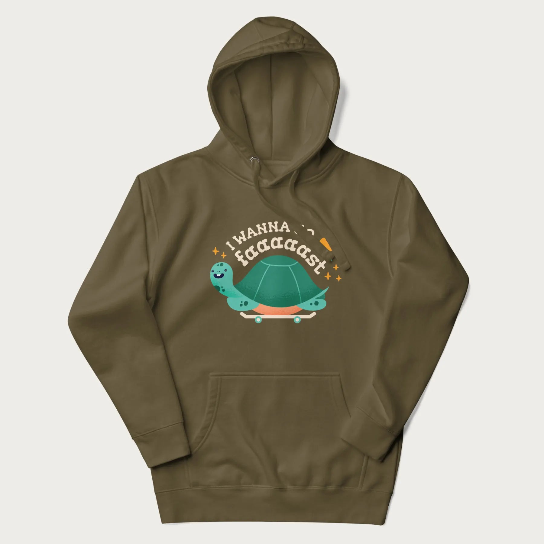 Military green hoodie with a graphic of a happy turtle on a skateboard and the text 'I Wanna Go Faaaaast'.