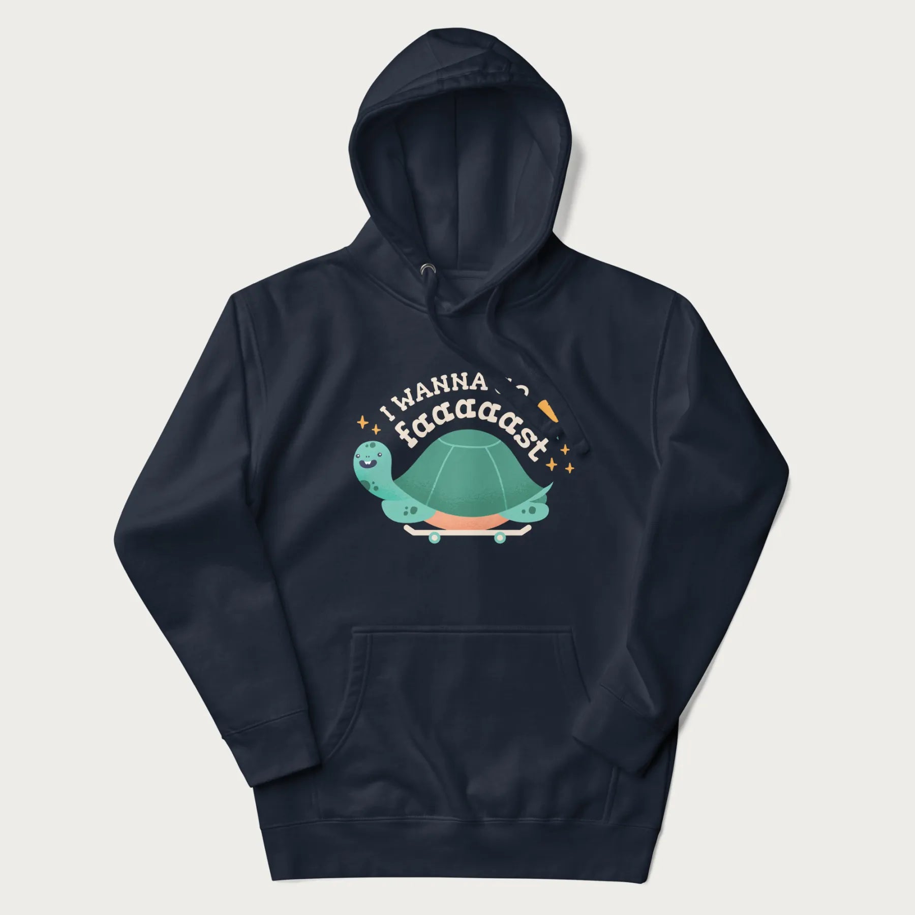 Navy blue hoodie with a graphic of a happy turtle on a skateboard and the text 'I Wanna Go Faaaaast'.