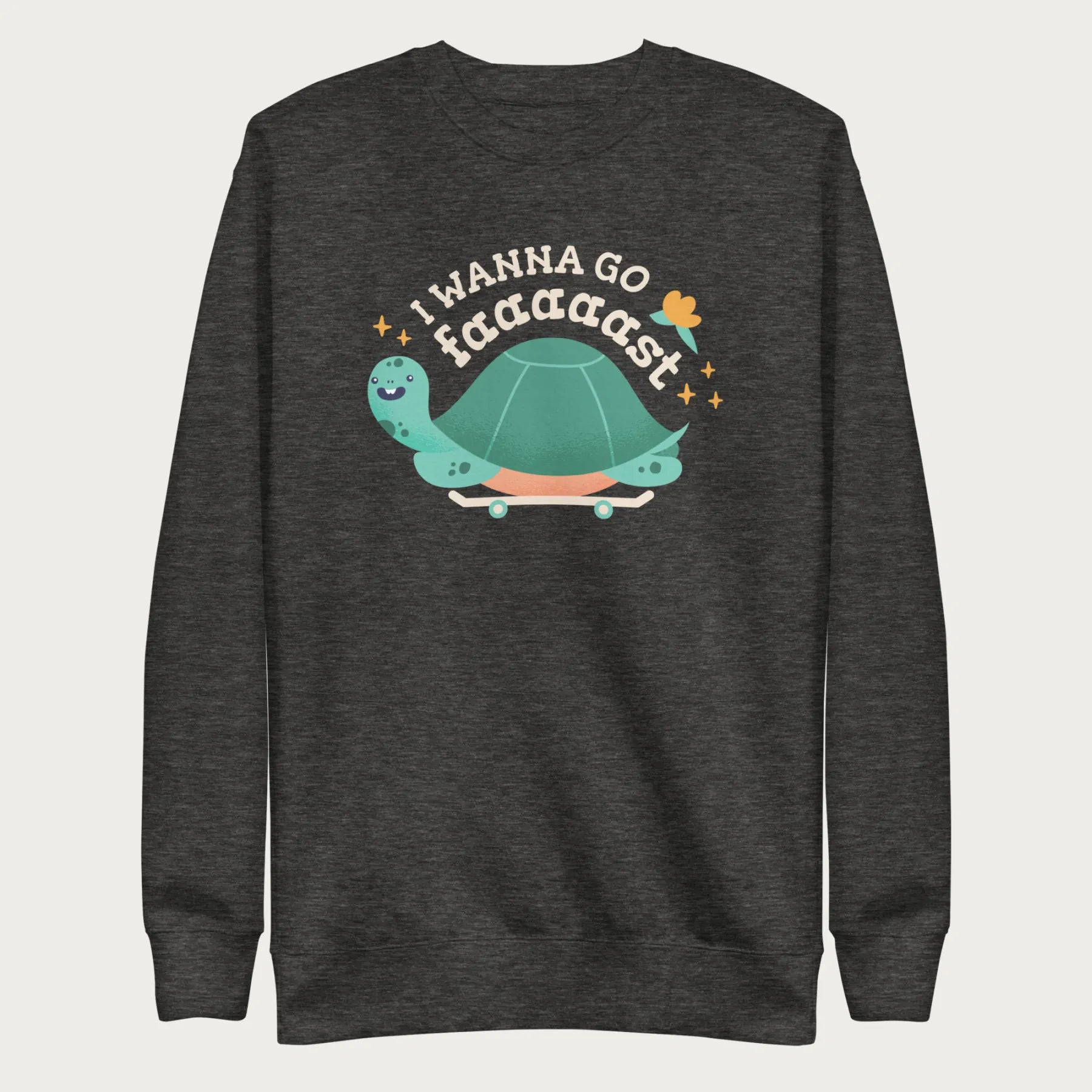 Dark grey sweatshirt with a graphic of a turtle on a skateboard and the phrase 'I Wanna Go Fast.'