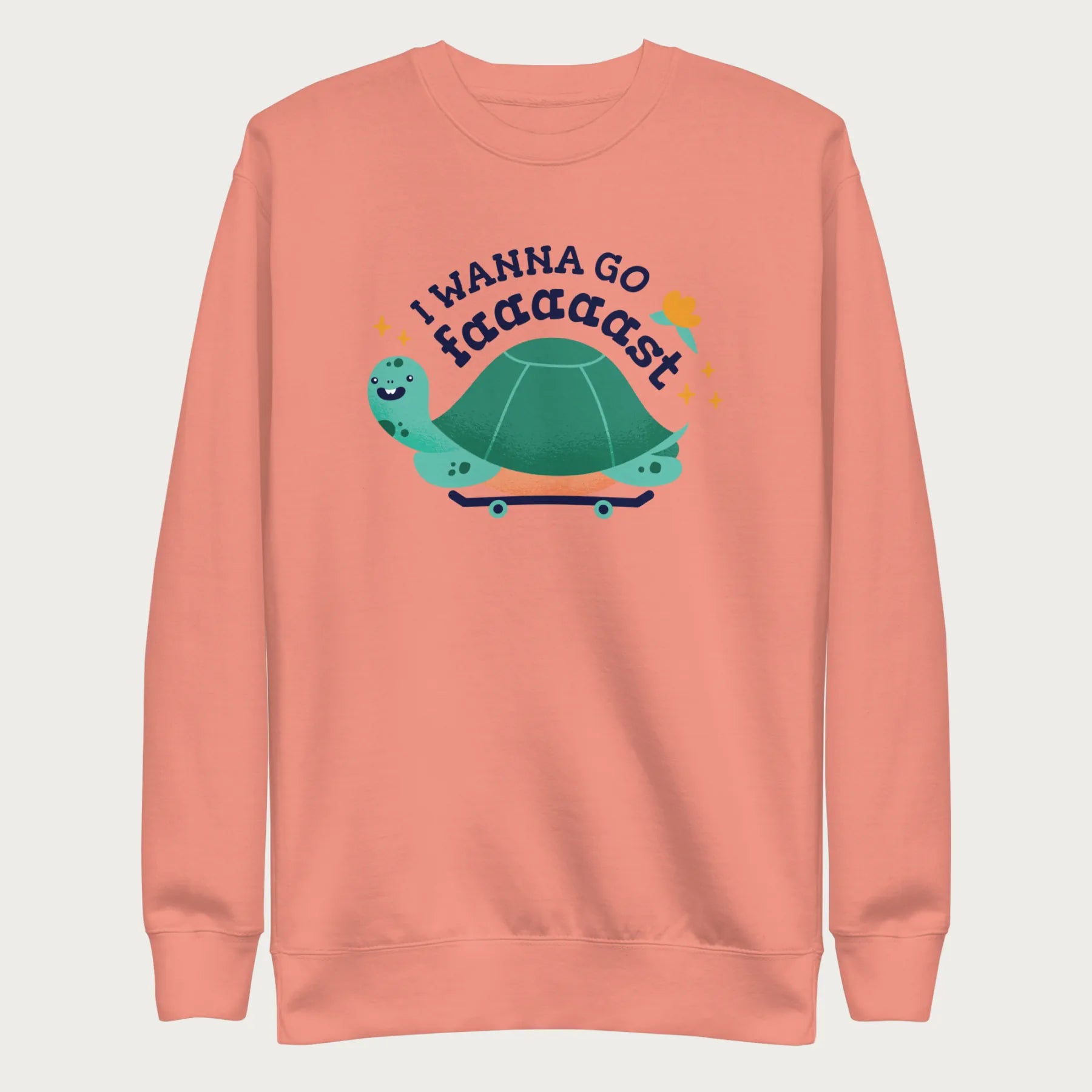 Light pink sweatshirt with a graphic of a turtle on a skateboard and the phrase 'I Wanna Go Fast.'