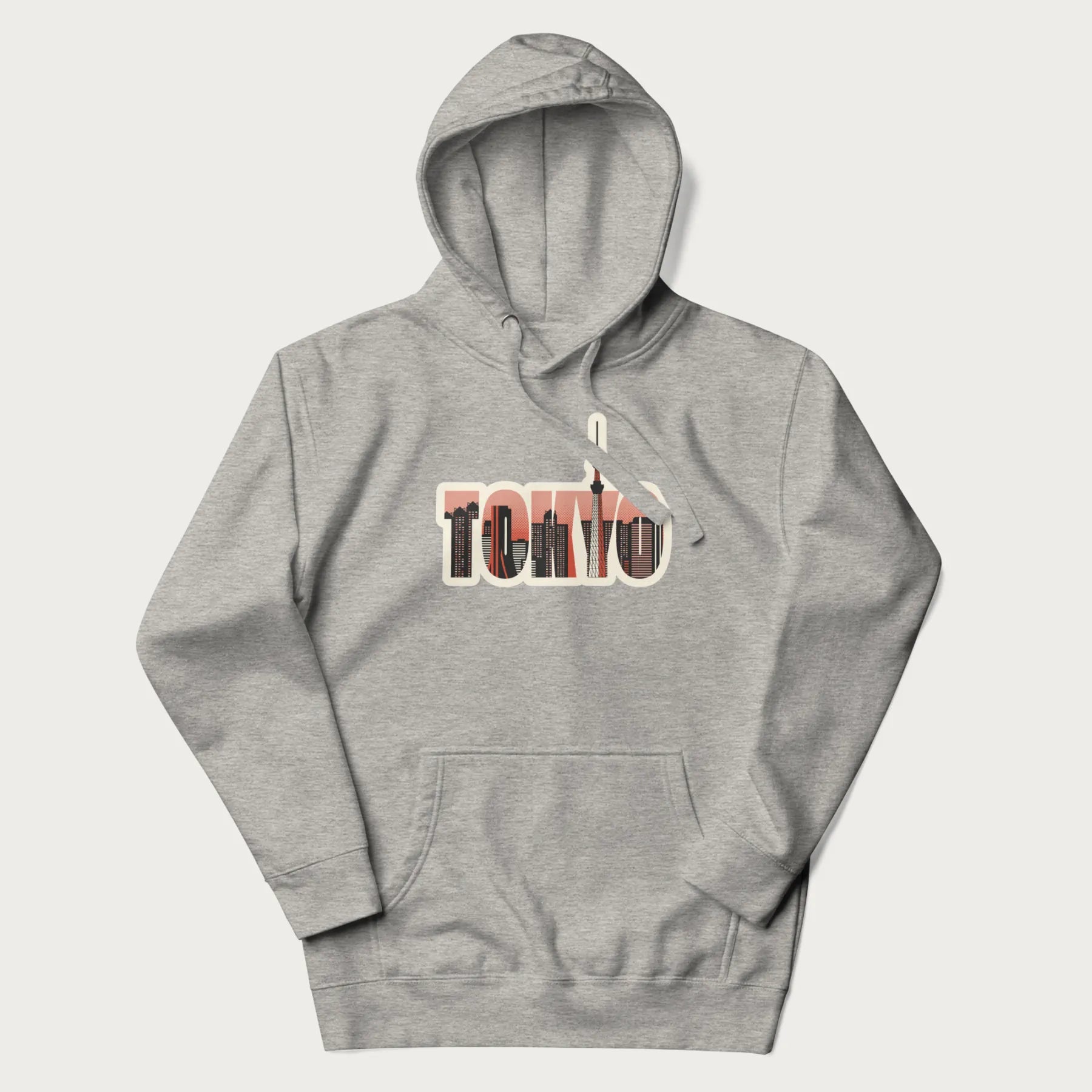 Light grey hoodie with graphic of Tokyo's skyline integrated into the word 'TOKYO' in sunset colors.