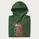 Folded forest green hoodie with Japanese graphic of a red axolotl in a bottle with Japanese text 'ボトル' (Bottle) and 'アホロートル' (Axolotl).