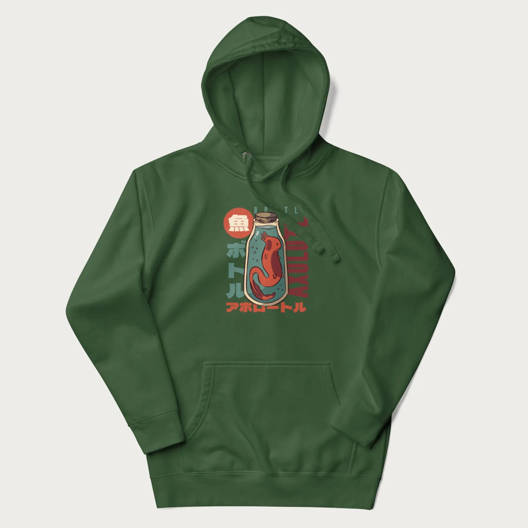 Forest green hoodie with Japanese graphic of a red axolotl in a bottle with Japanese text 'ボトル' (Bottle) and 'アホロートル' (Axolotl).
