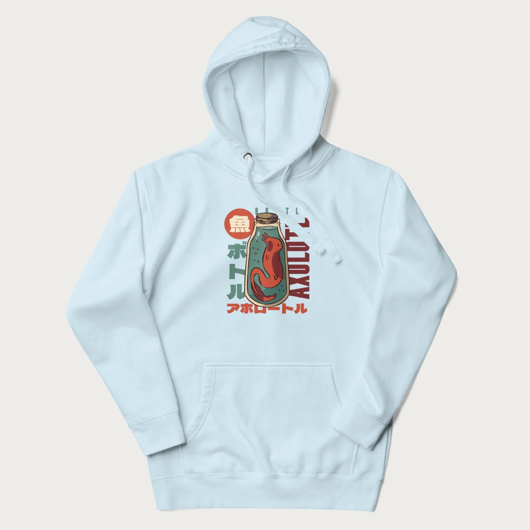 Light blue hoodie with Japanese graphic of a red axolotl in a bottle with Japanese text 'ボトル' (Bottle) and 'アホロートル' (Axolotl).
