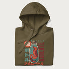 Folded military green hoodie with Japanese graphic of a red axolotl in a bottle with Japanese text 'ボトル' (Bottle) and 'アホロートル' (Axolotl).