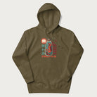 Military green hoodie with Japanese graphic of a red axolotl in a bottle with Japanese text 'ボトル' (Bottle) and 'アホロートル' (Axolotl).