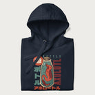 Folded navy blue hoodie with Japanese graphic of a red axolotl in a bottle with Japanese text 'ボトル' (Bottle) and 'アホロートル' (Axolotl).